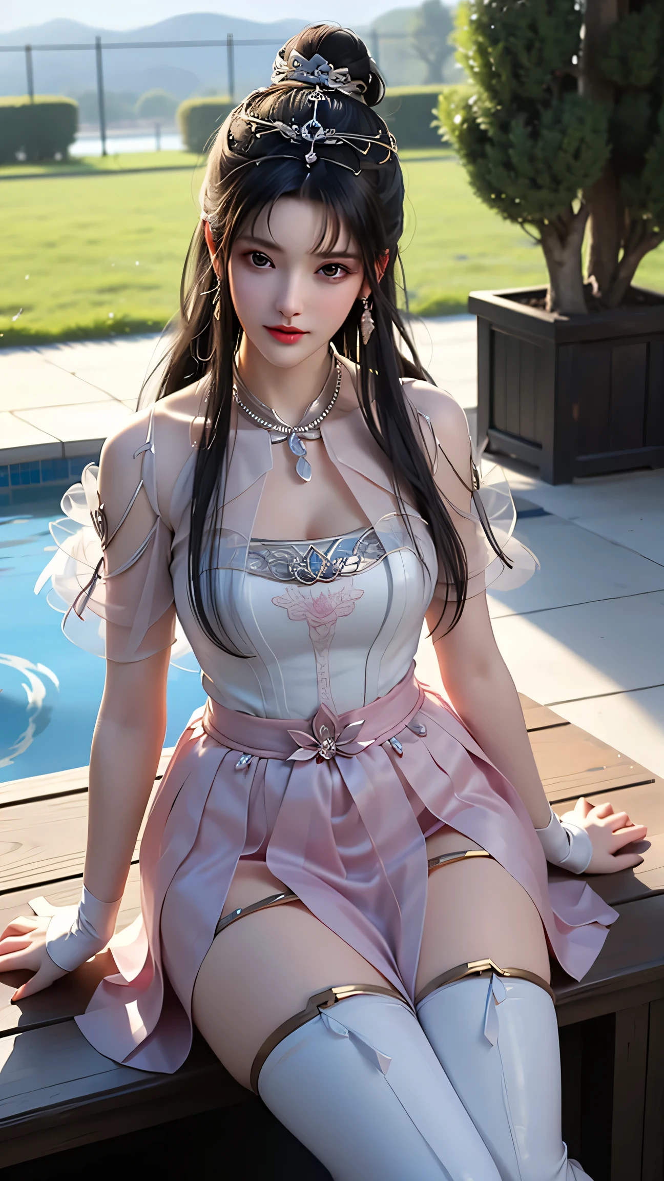 ((Girl lying in swimming pool))、She gently lifted her skirt with one hand,Make gentle and playful gestures,((Lots of flowers瓣)), Lots of flowers,Petals scattered all over the ground,Cherry tree,Petals are flying all over the sky,Beautiful and charming woman, Elegantly, Her plump breasts are fully exposed.,Visible cleavage,The skirt is short,Natural legs,Sexy long legs,Correct Natural legs,Smooth skin,Slender and lovely beauty, Eyes sparkling,Her skin is flawless。Her curves are highlighted。Shine in the light,The color is pastel,She lay confidently,One hand on hip,Her posture is both graceful and strong...。She wore elegant high heels,It matches her 裙子 very well.。In the warm golden sun。The atmosphere of the whole photo is peaceful and positive,Emphasis on natural beauty and elegance, Studio Lighting,Vibrant colors, Cute girl, sweet smile, cosmetic,Shy,blush,open mouth,Heavy breathing,moan,Hyperrealism,Realism,Movie Lighting,Comfort,Sony FE GM,retina,masterpiece,Precise,Anatomically correct,Textured Skin,Super Detail,High Detail,best quality,Colorful
