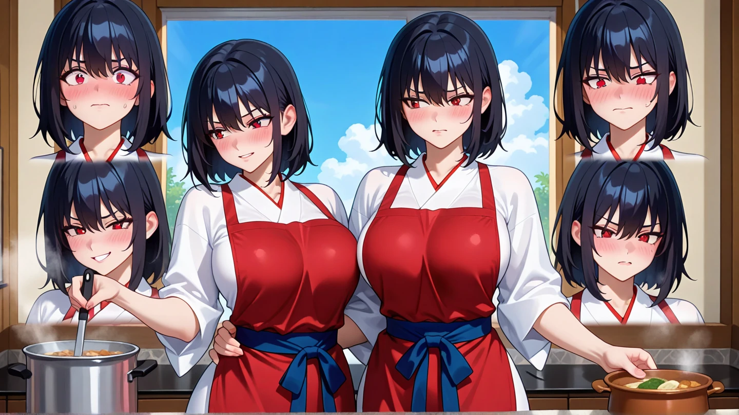 chef clothes、bare breast。showing face,20-years old,Super detailed、huge breast、,smile,:D,three woman side by side,bare breast