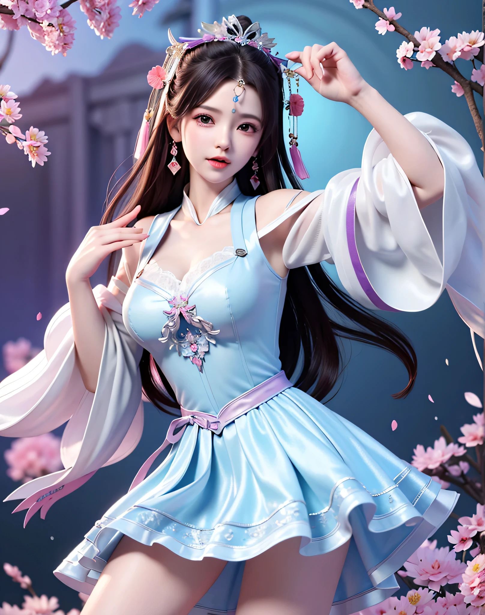 (8k, RAW photo:1.2), best quality, ultra high res,dramatic angle,(fluttered detailed color splashs), (illustration),(((1 girl))),(long hair),(rain:0.9), (Headdress:1.4),There is an ancient palace beside the girl,Hanfu,(Key Points),Color ink painting,(Splash of Color),Splash of Color,(((colorful))),(sketch:0.8) , Masterpiece, best quality, beautiful painted, highly detailed,(denoising:0.6),[splash ink],((ink refraction)), (beautiful detailed sky),moon,highly,detaild,(masterpiece, best quality, extremely detailed） CG Unity 8k Wallpaper，masterpiece，best quality，Ultra Detailed），（Lycoris）.shoulder ballet dress open V-chested clothes Thin silk lace dress short skirt , (huge ，cleavage),, white pink, blue ，best qualtiy，tmasterpiece，Ultra-high resolution，（Reality：1.4），RAW photogr，（True skin texture：1.3），（filmgrain：1.3），（Selfie angle），1个Giant Breast Girl，Beautiful eye and face details，tmasterpiece，Best quality at best，，The chest more exposed， detailed hair, bra pink , detail 8k, full body, lace pettico