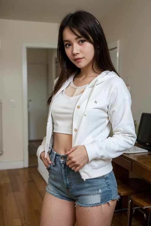 masterpiece, best quality, ultra quality, high quality, realistic, photo realistic,,natural lighting,(cinematic lighting:1.4),RAW photo, hyper detailed, intricate detailed, perfect anatomy, Fujifilm XT3, BREAK 1girl,Japanese,(slender abs:1.3),large hip,(camel toe:1.2),(Black semi-long straight hair:1.2), (smile:1.3),(blushing:1.3),teary eyes,(light gray sweat pants:1.3), BREAK (downblouse:1.3), BREAK (light gray hoodie:1.3),(breast focus), (looking at the floor),( looking to the side),( looking at another:1.4), BREAK (in gymnasium:1.5),(indoor), (mideum shot), ,from front, standing,Nipslip,(realistic beautiful nipples:1.3),(down hood:1.3),(no bra),tanlines,amateur,professional,tanned skin,