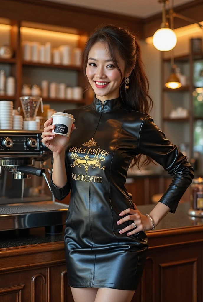 Thai girl wearing a black rubber sleeve shirt Take photos at the cafe