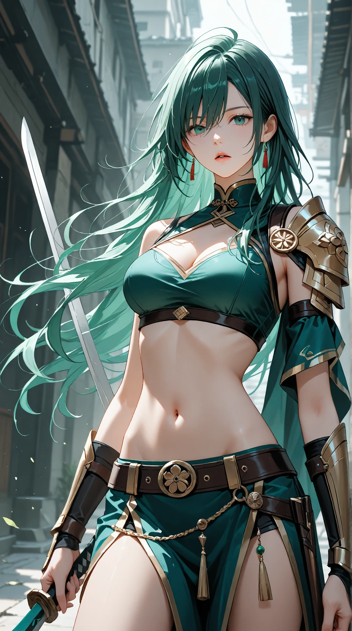 whole figure of a girl with a green hair and big golden eyes with ouroboros-shaped handband, highly details, fantasy style, blurred stricks and spots in the background