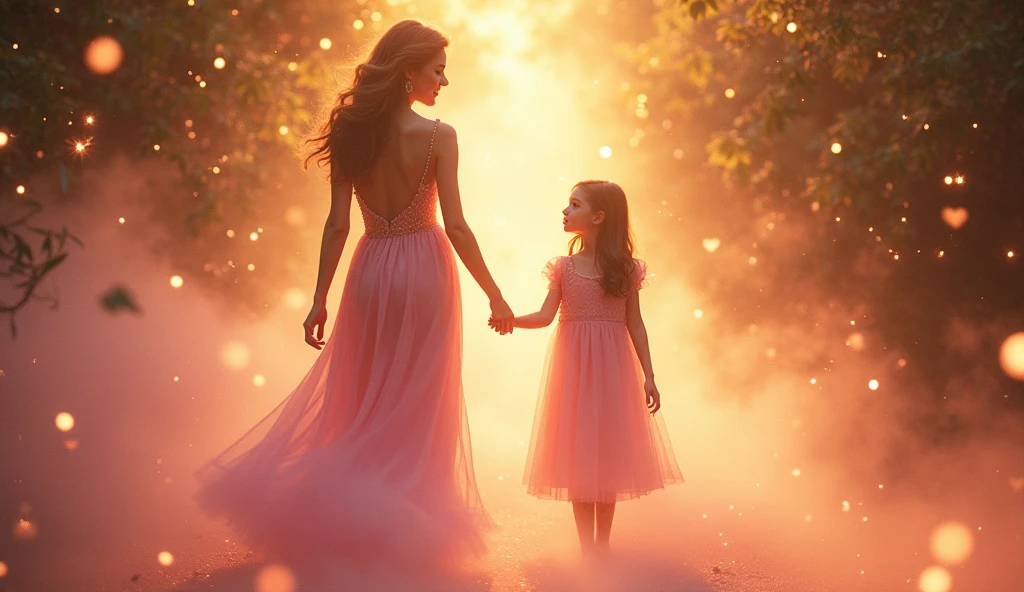Magical mom with her boy and girl children surrounded by light , portals, and sparks of light, color beige, dorado, Brown, white