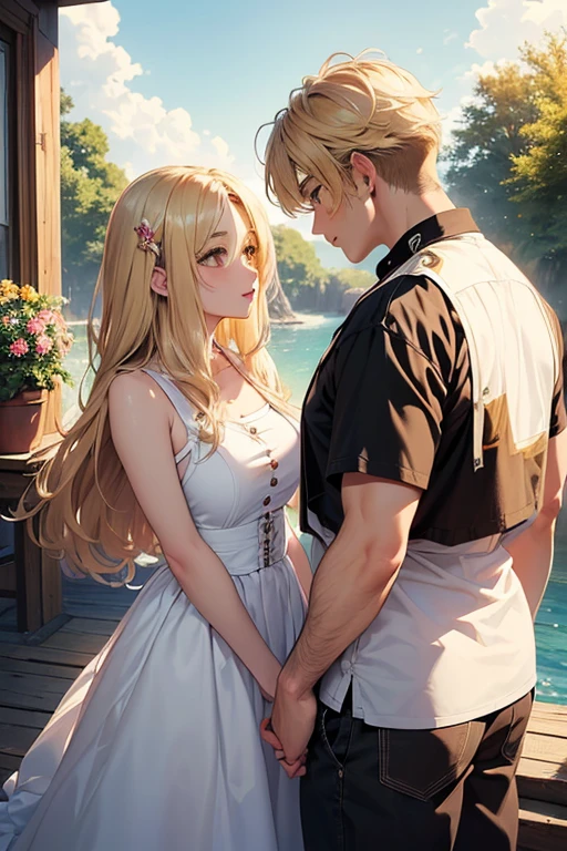 18-year-old blonde girl, Turquoise eyes, long-haired,Braid left and right, Black Underwear .Kissing Another Man.......With a slightly smiling face..................