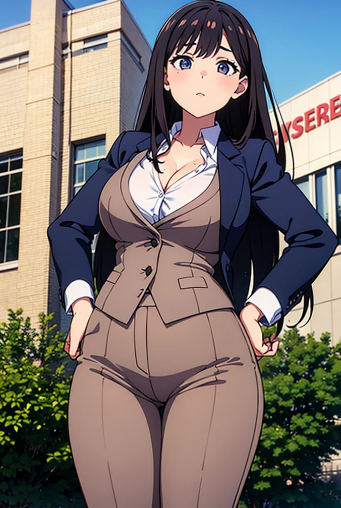 Woman in a business suit, curvy, busty, evil smirk, dominant stare, thick thighs, view from below, presenting her butt, lifting her skirt