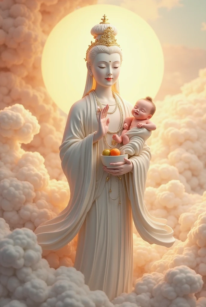 (((Japanese style)))，Baby being held by Kannon，god々Shining brightly，A soothing atmosphere，peace，Milky mist on the entire screen，High-definition and detailed depiction．