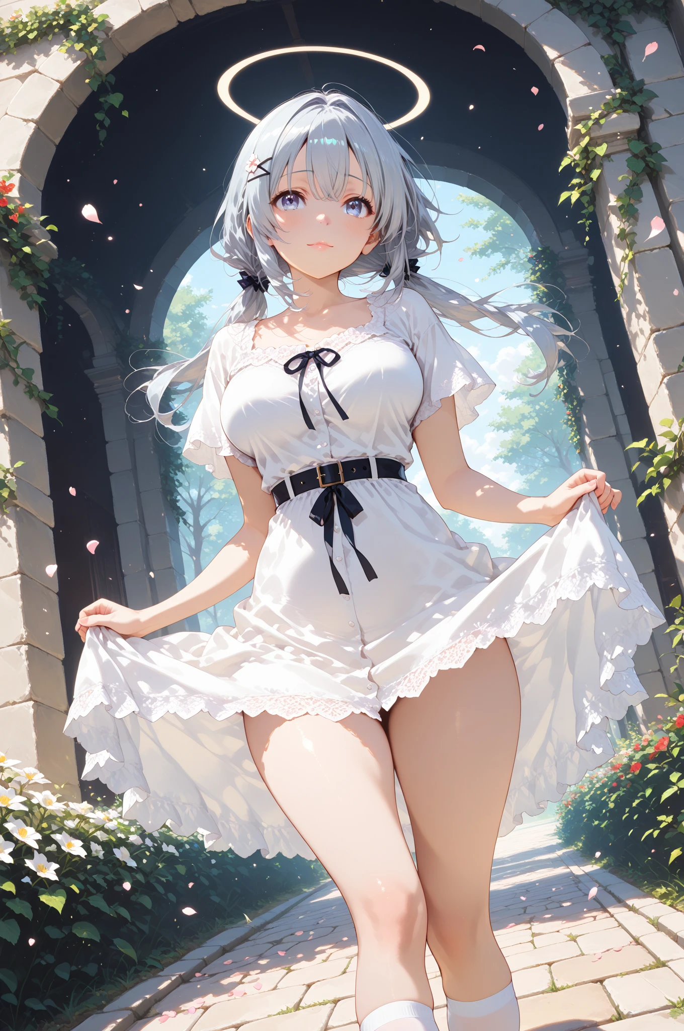 (from below1.3), super high quality, (8k, RAW photo, realistic), wearing white casual long dress, skirt lift, black lace panty, wind, white messy short hair, forehead, hair over one eye, cute woman, shining gold big eyes, annoying sexy expressions, red sexy thick lips, medium breasts, slender, perfect proportion, background stairs