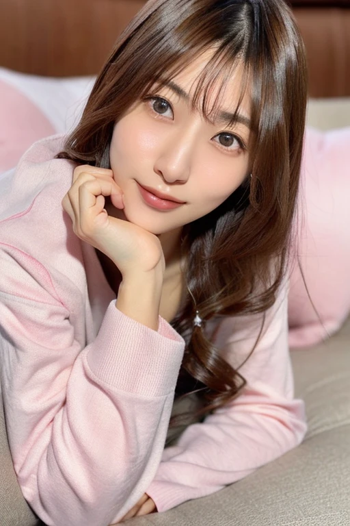 Japanese female, (underweight), (flat chest best quality:1.5), 30 years old, (cheerful grin:1.3),
(a girl sleeping on bed:1.5),(lying back down:1.1),(big breasts:1.3),(nether region:1.3),(closed eyes:1.2),(troubled eyebrows:1.2),(from above:1.3),(oversized long sleeves pink pajamas:1.3),(bed room:1.3),