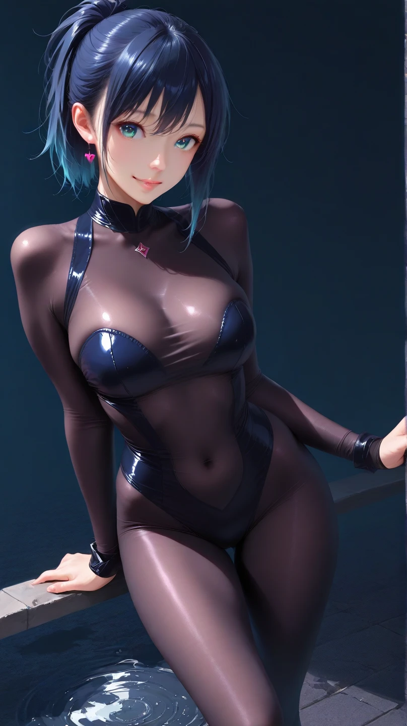 (photorealistic:1.3, highest quality:1.3,8Kmasterpiece, masterpiece:1.3,High resolution,muste piece:1.2),23 year old woman,solo,bondage fashion,(NIKKE), (brown skin,shiny bodysuit,choker, tights,boots)、(Photo seen from below:1.2)、(looking at the camera:1.2)、(short hair:1.2、bright blue hair:1.5)、(blushing:1.3,smile:1.1)、(Bold pose with legs spread、dynamic pose:1.2),background(snow scene:1.3, ruins:1.3),(Nipples visible through clothing),(genitals visible through clothing),(Butt visible through clothes),(slender, abs:1.2),(young skinny gravure idol, sophisticated gravure idol),(detailed perfect face), normal hands:1.5, normal fingers:1:5, normal feet:1.5,(cameltoe, camel&#39;s feet)