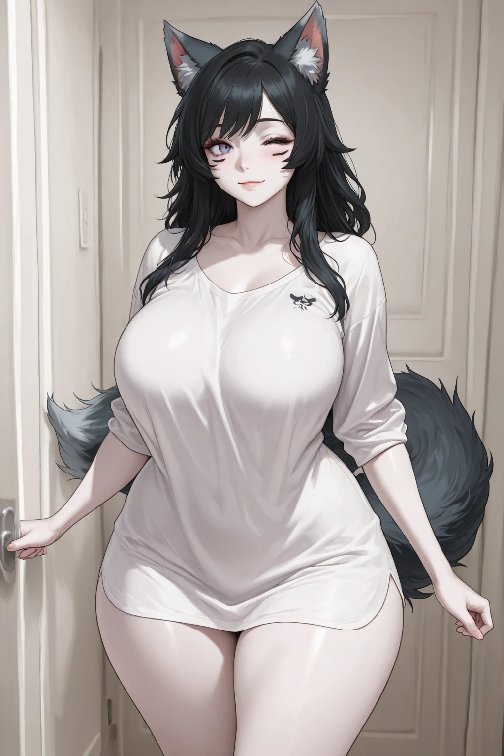 Long black hair, Japanese, gigantic chest, tight clothing, (black leggings:1.2), (white turtleneck:1.6), big thighs, sadistic grin, (Fox girl:1.2), half body, big eyes