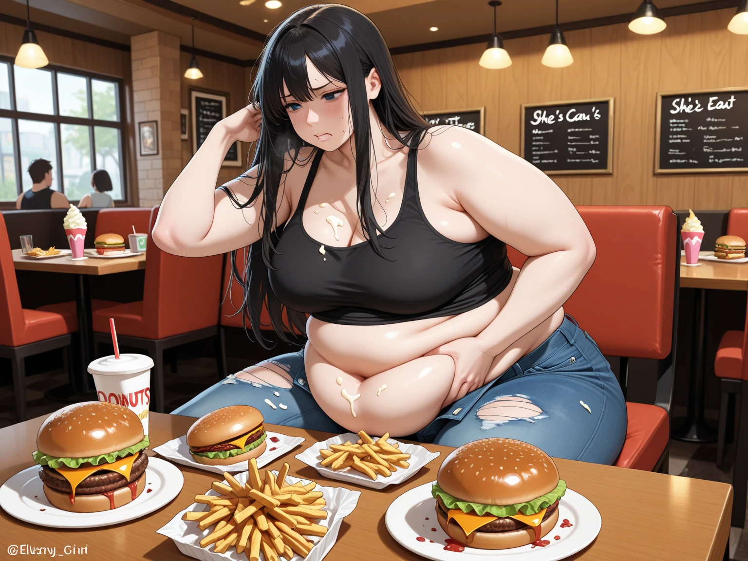 (masterpiece, best quality, highres, detailed, realistic:1.2), young woman, USSBBW, (morbidly obese:1.2), (fatblob:1.2), (immobile:1.2), detailed face, beautiful face, high aesthetic, (eating junk food:1.2), restaurant, messy, slob