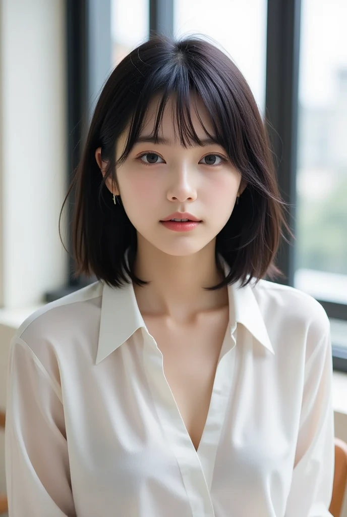 best quality, photorealistic, 8k, high res, full color, 1girl, woman, 20 years old woman, (closed mouth:1.73), (skindentation), (portrait:0.6), trees, park bench, daylight, ((park background:1.52)), full color, ((whiteshirt:1.58)), looking at viewer:1.8, (1girl eyes looking at viewer:1.55), (medium hair, brownhair, partedbangs:1.45), (bokeh), <lora:AAW-wendy:0.69>