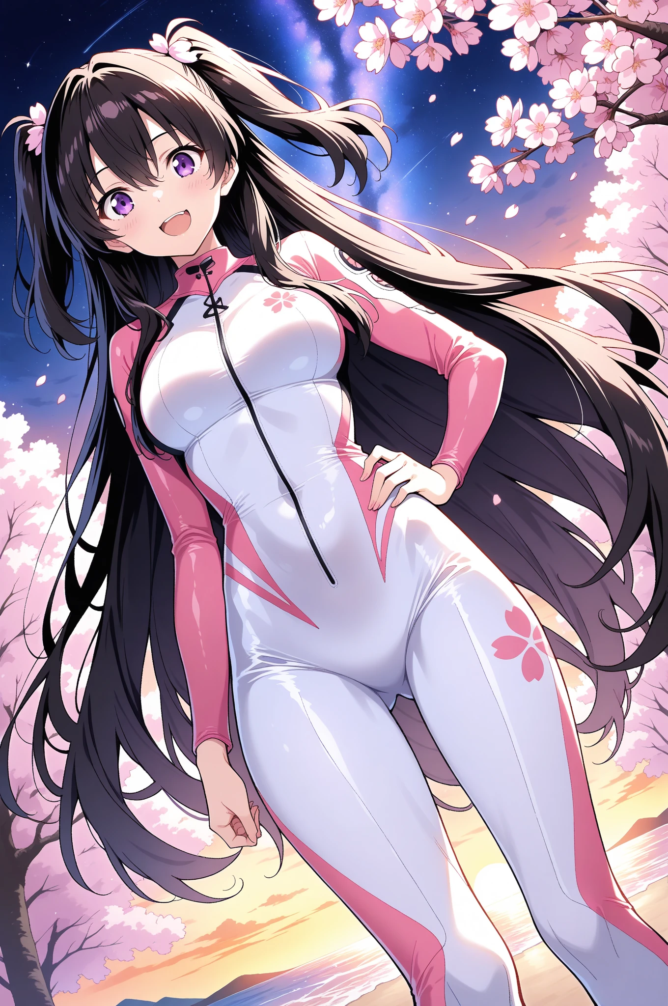 highest quality、best image quality、beautiful eyes、very delicate and beautiful、beautiful eyes、pink eyes、I、I、11 year old girl、Japanese、、Chiquita、Noble、primary school student、black hair、barefoot、(judo)、(((The lower body is a pink leotard)))、(High leg)、tiara on head、dull smile、standing and facing forward、The background is a row of cherry blossom trees