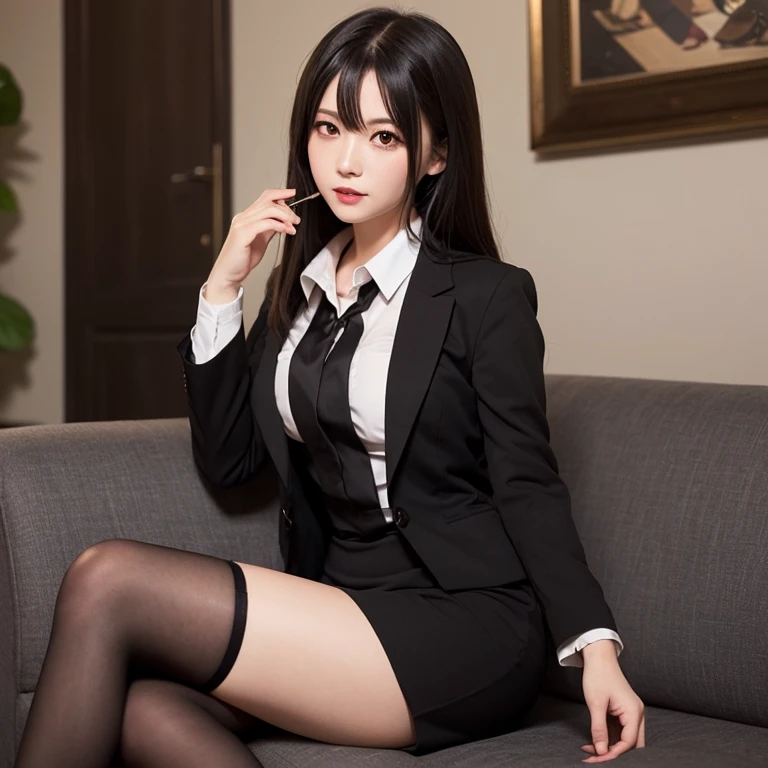 Long black hair girl in black suit Red tie tall Slightly larger breasts With bangs Thin legs