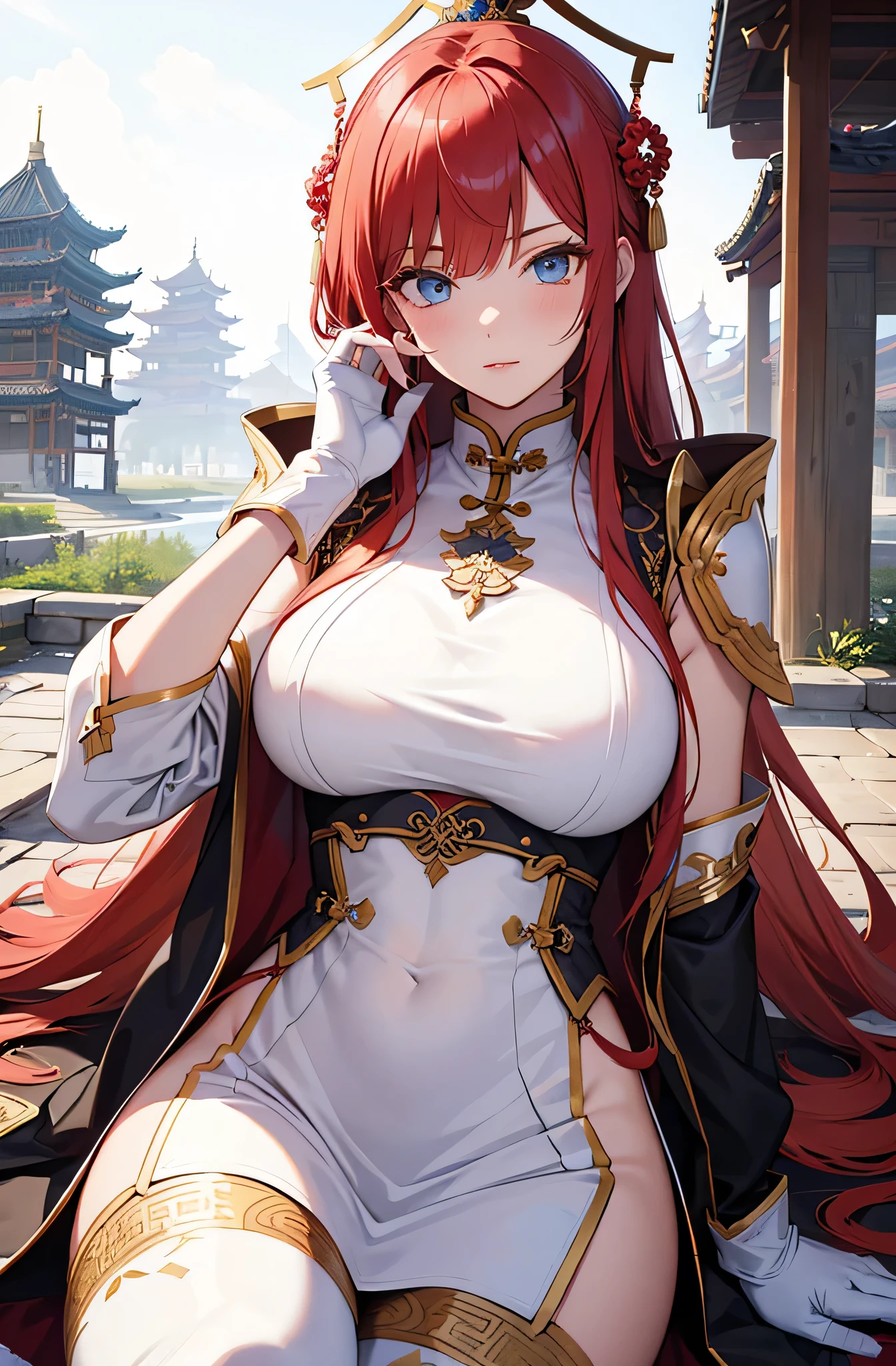 Asuna sword art online, anime style, (masterpiece:1.35),(bestquality:1.4), 8k,ultra-detailed, photography, (ultra-realistic:1.4), film grain, Fujifilm XT3, depth of field, female focus, mature female, cosplay, (Asian female:1.45), looking at viewer, blush, closed mouth, seductive smile, red lips, detached sleeves, (hand grab at the crotch)!!, earrings, pelvic curtain, hair between eyes, orage hair bangs, orange hair, very long hair, detailed realistic hair, hair braid, japanese clothes, Asuna's clothes, detailed realistic clothes, jewelry, detailed jewelry, neck garter, necklace, (covered shoulders)!!, (covered breast)!!, (breast is covered)!!, (covered chest)!!, (chest is covered)!!, open skirt, petticoat, fishnet legs, panthyhose, smooth thighs cleavage, (garter thighs), high_thighs, armpit, nontraditional Asuna, (shiny eyes pupils)!!, detailed eyes, (homochromatic eyes)!, cherry blossom, (sit down at road side)!!, green vilage, white filter, asuna yuuki \(sword art online\), (correct anatomically)!