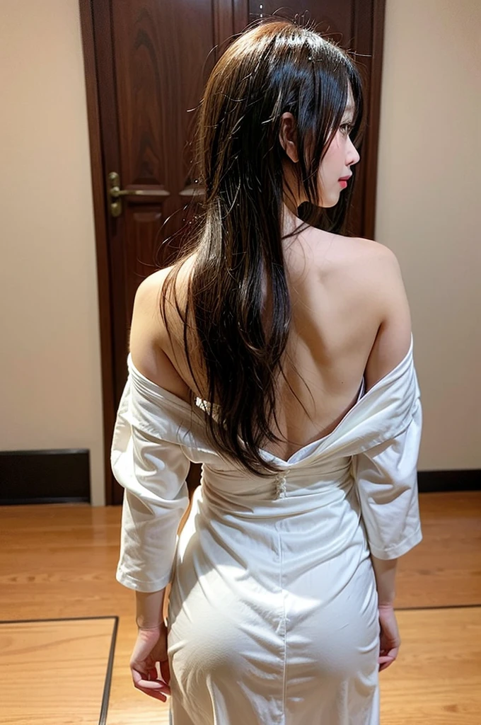 日本people、１people、The most beautiful woman、smile、Shyness、clear、Shiny black hair、((Standing with legs wide open))、Photo Style、length, bangs、Pigtails、light makeup、Standard face、(((Wearing a white Etchu loincloth)))、((Light clothing:0.5))、((((She is hiding her breasts by wrapping a cloth around her chest.:1.2))))、Summer festival、Lots of spectators、(((From behind, she shows off her cute buttocks and the knot of her loincloth)))、 Standing with your legs apart、32K, Raw photo、Highest quality