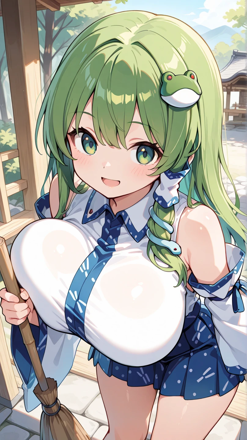 Expressive, score_9, score_8_up, score_9_up, Touhou, masterpiece, high quality, highly detailed, 1girl, kochiya sanae, solo, green hair, long hair, green eyes, long hair, big breasts, blush, round breasts,,,,,, frog hair ornament, hair tubes, snake hair ornament,,,, thin waist, sit on stool, white background,, virgin killer sweater, 

