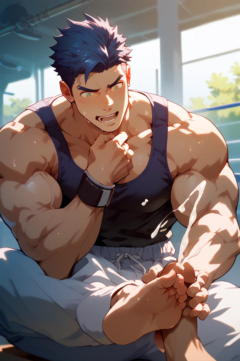 Ash Ketchum from Pokémon sitting on a weight bench in a private gym with shoulders slumped lifting dumbbells. Sweating. Wearing a bulging jockstrap. Staring blankly as he listens to hypnotic subliminals through stereo speakers. Monitors mounted on the walls around him display pulsing spirals to keep him in trance as he becomes a big muscled dumb bodybuilder football jock. Saying, "A good jock bro is big and dumb. A good jock bro's what I'll become...." Open mouth. IQ drain. Dumber. Hypnosis. Trance. Brainwashing. Anime. Bulging crotch. Big muscles. Big traps. Big biceps. Big triceps. Broad shoulders. Big pecs. Bro. Hyper muscles. Dazed. Glowing eyes.