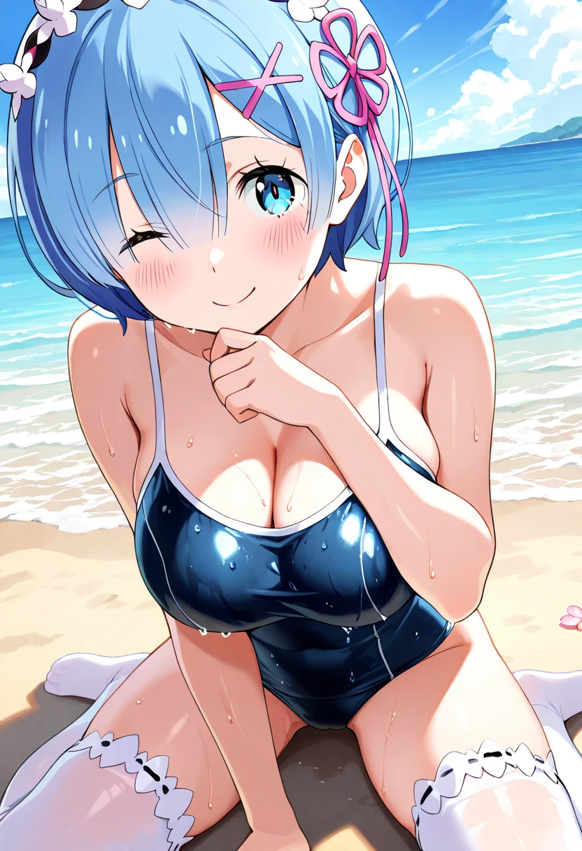Rem, Re:zero, blue eyes, blue hair, short hair, (big breasts),
cleavage, baseball cap, BLUE shorts, have, panties, vest, Wristband, No sleeve, black vest, white shirt, shirt,
looking at viewer, (Upper body:1.2),
outdoors, Ocean, null,White cloud,sunshine,
(masterpiece:1.2), highest quality, High resolution, unity 8k wallpaper, (figure:0.8), (beautiful and fine eyes:1.6), highly detailed face, perfect lighting, Very detailed CG, (perfect hands, perfect anatomy),