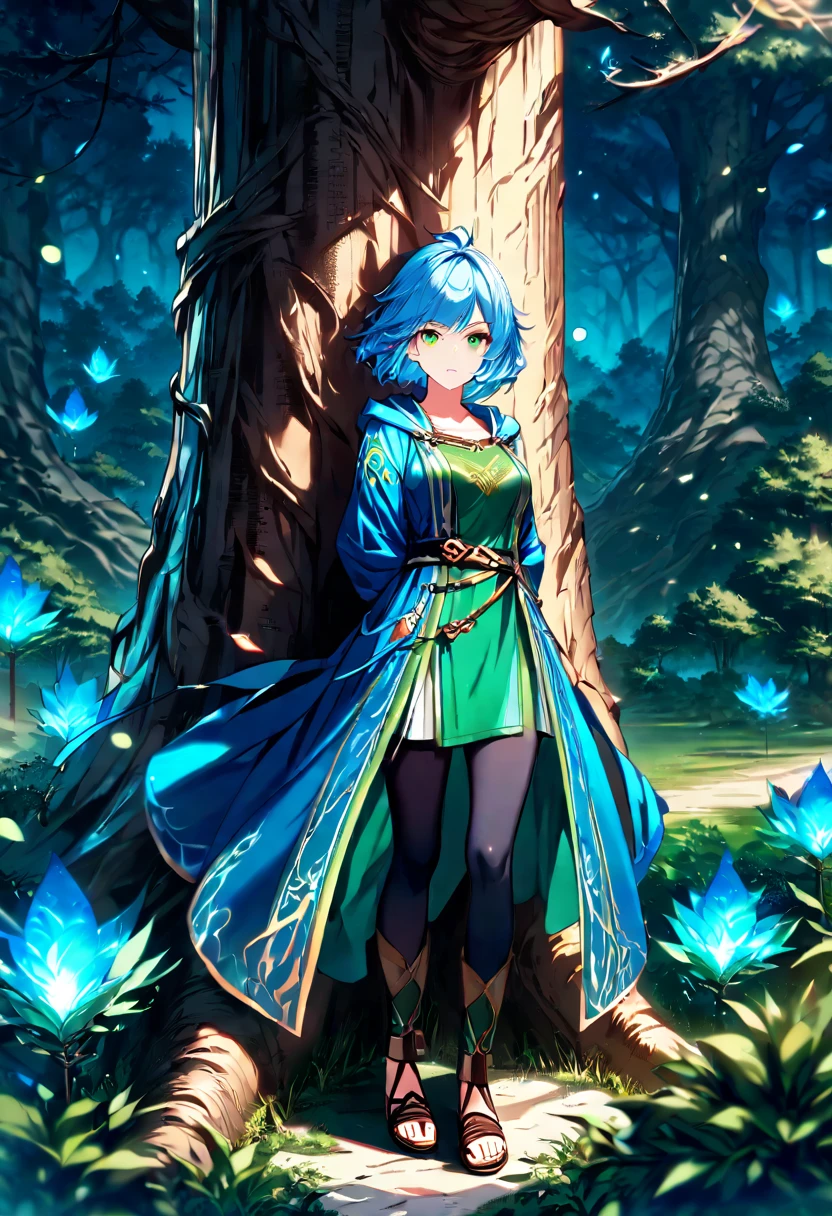 1girl, solo, blue hair, gradient hair, green hair, short hair, rogue thief girl, shot on canon 5d, cinematic, sitting, black revealing top, cleavage, large breasts, thighs, tights, tight leggings, dagger, dagger in hand, holding dagger, forest, forest background, fantasy, cloak, wearing cloak
