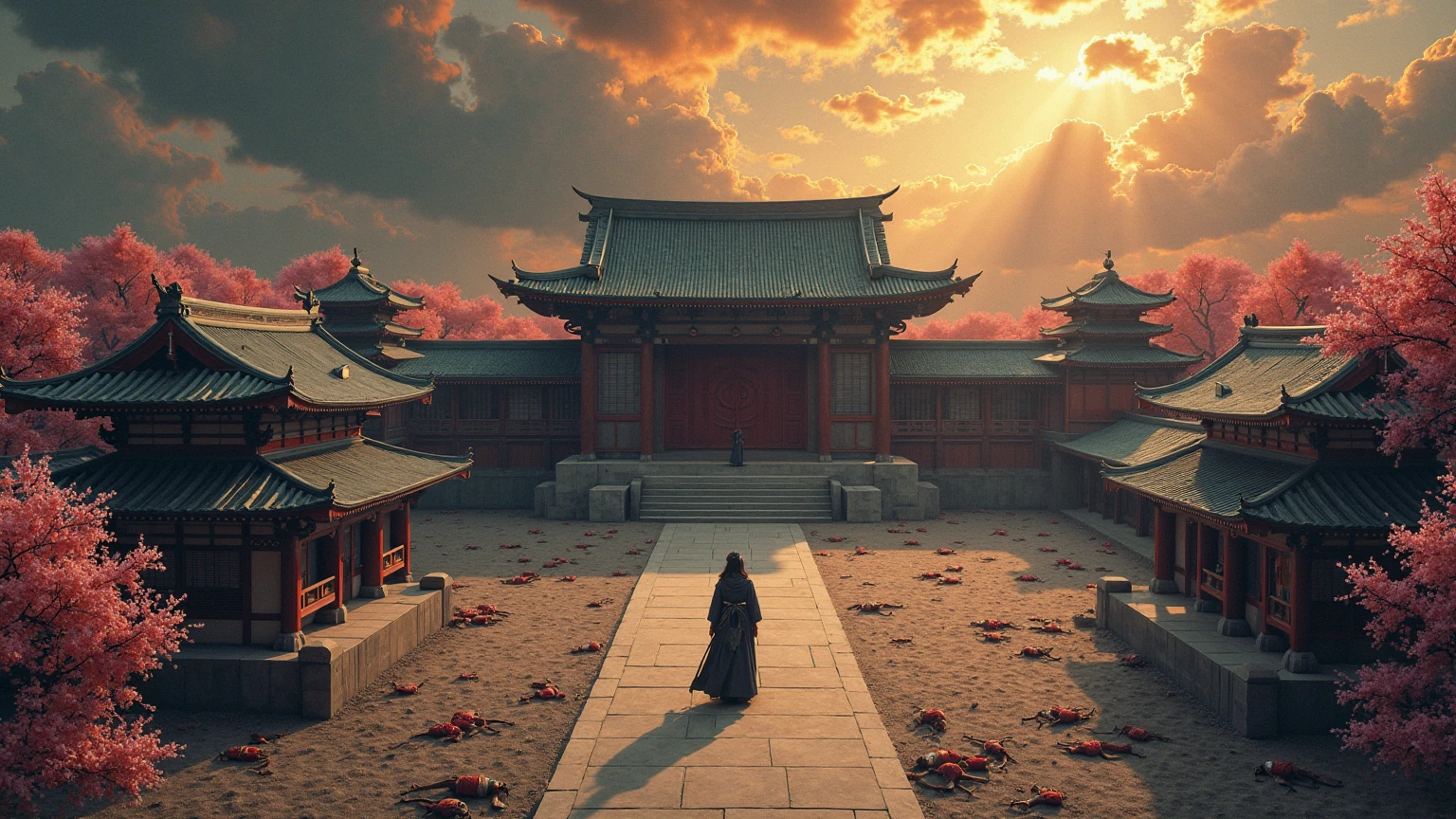absurd, realistic lighting, (abyss) masterpiece, high quality, beautiful graphics, high detail, dressed woman, extremely refined and beautiful, amazing, fine detail, masterpiece, hyper-detail, high resolution, (best illustration), (best shadow), intricate, ancient landscape, thousand hands bodhisattva, temple, (mysterious black fog), journey to the west, ((corpse), ((ancient monster)), (ruins), (battlefield), (blood stain), glazed tiles, Buddha statue, lantern,