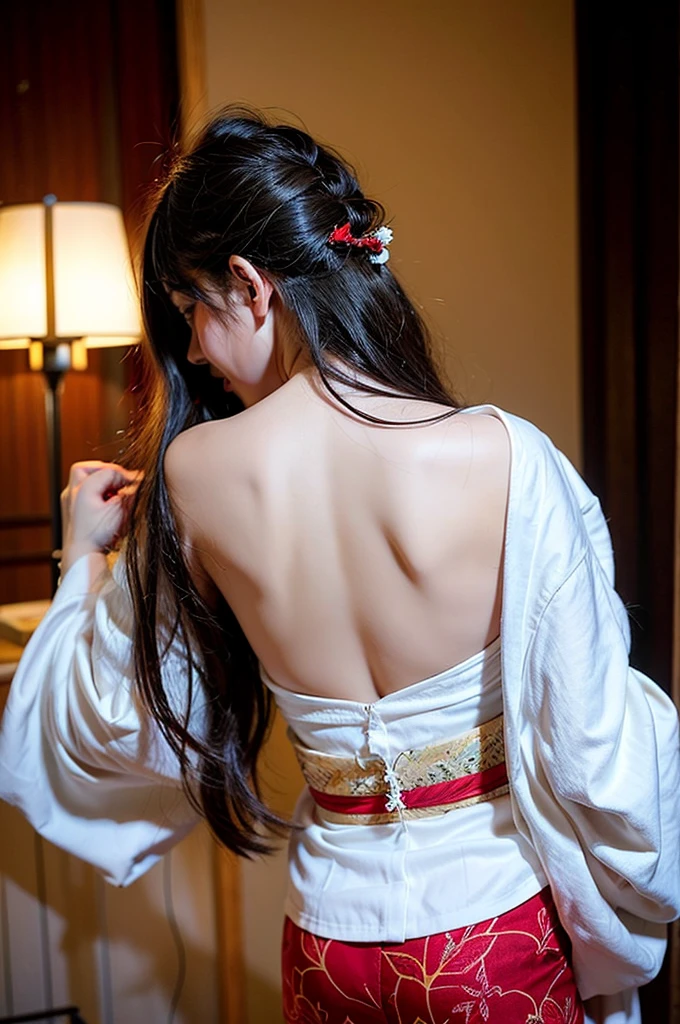 Dual wielding, swordsman, samurai, three swords, sword in both hands, sword at waist, beautiful girl, white skin, delicate, kimono, bikini, T-back