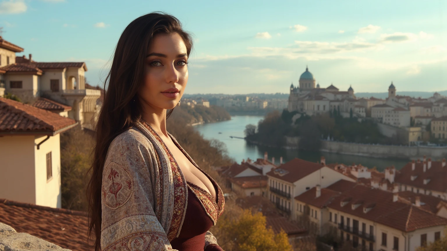 A woman in a sexy dress with sunglasses on her eyes, in front of the Galata Tower