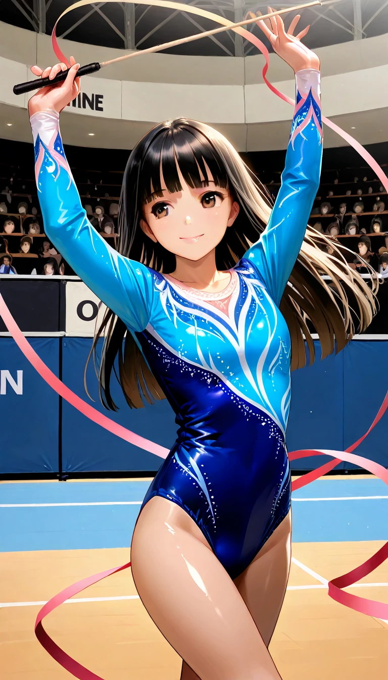 Gymnast、A leotard with glitter、Long sleeve、Pearl Color、gym、Large crowd、smile、4K resolution、Masterpiece、Photorealistic、athlete、Gymnastics competition、、Beauty、Plastic-like luster、Full body portrait、