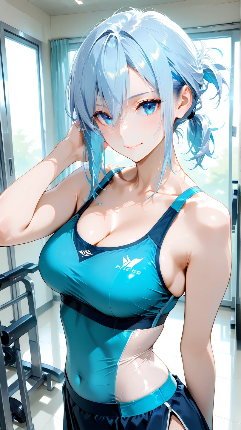 2 girls、Grown-up、Blue-haired、pony tail hair、beutiful breast、Beautiful、looking upwards、((maikurobikini))、Tank Tops、sports wear、paler、fabric that fits your body、her nipples are pink and very small.、((Nipples are see-through))、perspiring、run、Running、A slight smil、Refreshing、hightquality、8K、Professional Writing