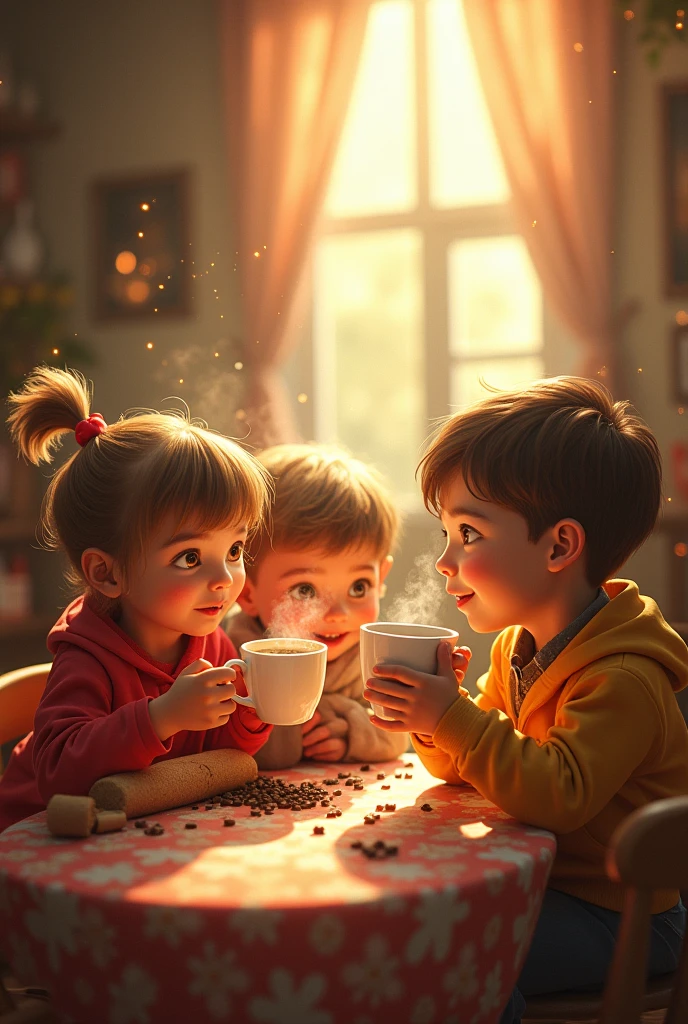 A heartwarming scene of a boy and a girl sitting on a cozy couch in a sunlit living room, enjoying a cup of steaming coffee, laughter and warmth filling the air, their faces lit up with joy, captured in a realistic and intimate photography style, using a prime lens for crisp details and shallow depth of field