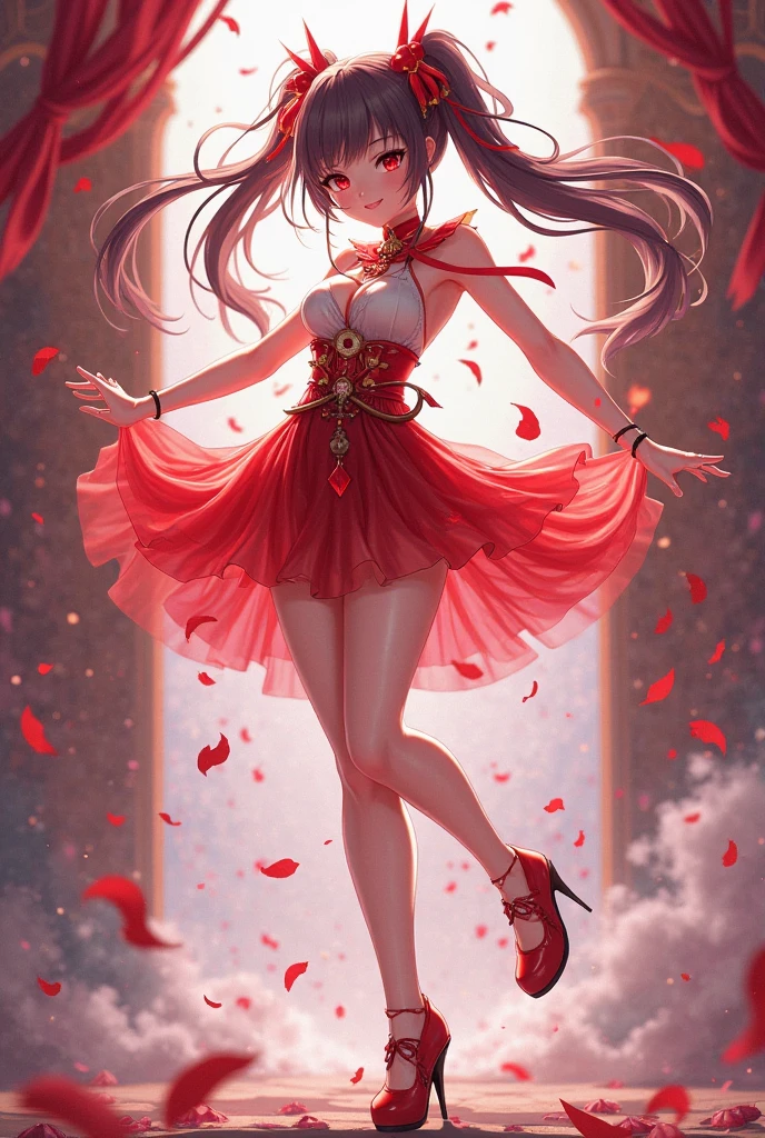 (Girl in a translucent one-shoulder red miniskirt dress), (photo realistic:1.4), (hyper realistic:1.4), (realistic:1.3), (smoother lighting:1.05), (increase cinematic lighting quality:0.9),. 32K, 1girl,20yo girl, realistic lighting, backlight, light on face, ray trace, (brightening light:1. 2), (increase image quality:1.4), (highest quality realistic textured skin:1. 4),(Big Blue Eyes)、Detailed drawn eyes、Detailed painted face、Fine textured eyes、(tired、sleepy、satisfaction:0.0)、A shirt that shows off a lot of cleavage、(Accentuates the body line:1.1)、(Beautiful textured skin:1.1)、(Red petals are flying)、(Red lace panties are visible)、Slim long legs、(smile)、