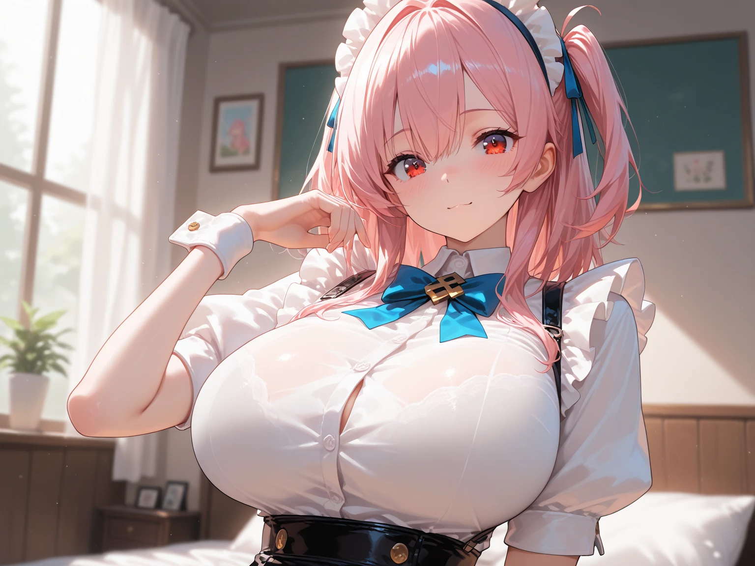 nsfw, 1 girl, game CG, topless white dress, visible cleavage, visible shoulders, short white skirt, small white beret, jewel pendant, black panties with string, gigantic breasts, pink hair, long hair, straight hair, princess hairstyle, ahoge, pink eyes, 1boy, paizuri, fellatio, breast squeeze,penis, from the side