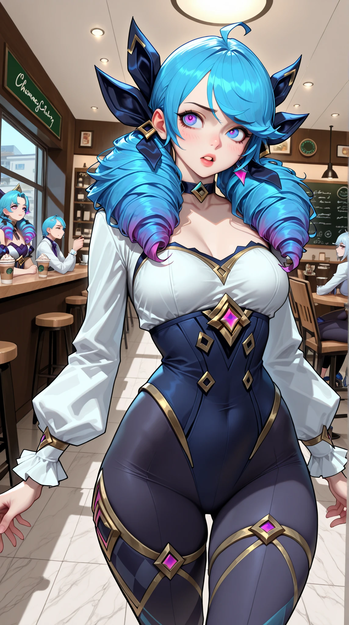 Evie,blue hair,twintails,blue eyes,solo,cleavage,fur trim,belt,jacket,skirt,jewelry,elbow gloves,standing,smirk,looking at viewer,from below,frozen shop,(insanely detailed, beautiful detailed face, masterpiece, beautiful detailed eyes, best quality) ,<lora:Evie-10v6:0.7>,