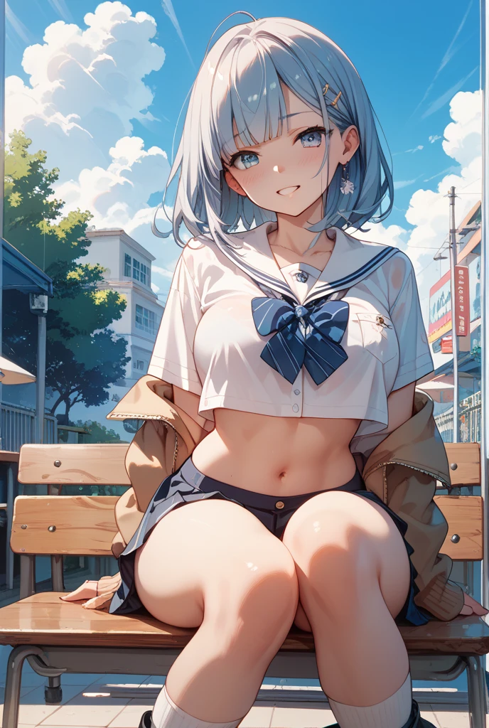 (8K, Best Quality, Masterpiece:1.3)), Ultra High Resolution, (1 Girl, 1 Person), (Color Changing Eyes, Super Detailed, Expressive Sparkle, Sparkling, Glowing Eyes), Highly Detailed Eyes, Highly Detailed Face, Random Hair, (Silver-Grey Color), "A woman lying on her back in a sailor uniform." The background is a school courtyard with trees and flower beds. After school, the light of the setting sun paints the courtyard orange. The woman is lying on her back, her silver hair spread out on the grass. She is wearing a traditional white and gray sailor uniform. The buttons on her sailor uniform are undone and open, revealing her cute light green bra. The bra has frills and ribbon details. The skirt of the sailor uniform is lifted slightly, and the skirt above her knees is fluttering in the wind. Her light green panties, the same color as her bra, are visible, and she is smiling sweetly, blushing slightly. Her figure blends into the natural beauty of the courtyard, and the setting sun in the background adds a soft glow to the entire image.