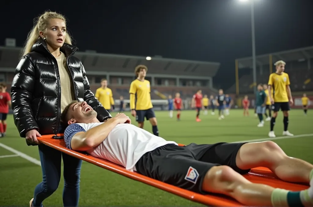 Teenager being lifted onto a stretcher, The teenager wearing a white shirt, adidas sports pants and bare feet with white socks for a boy


