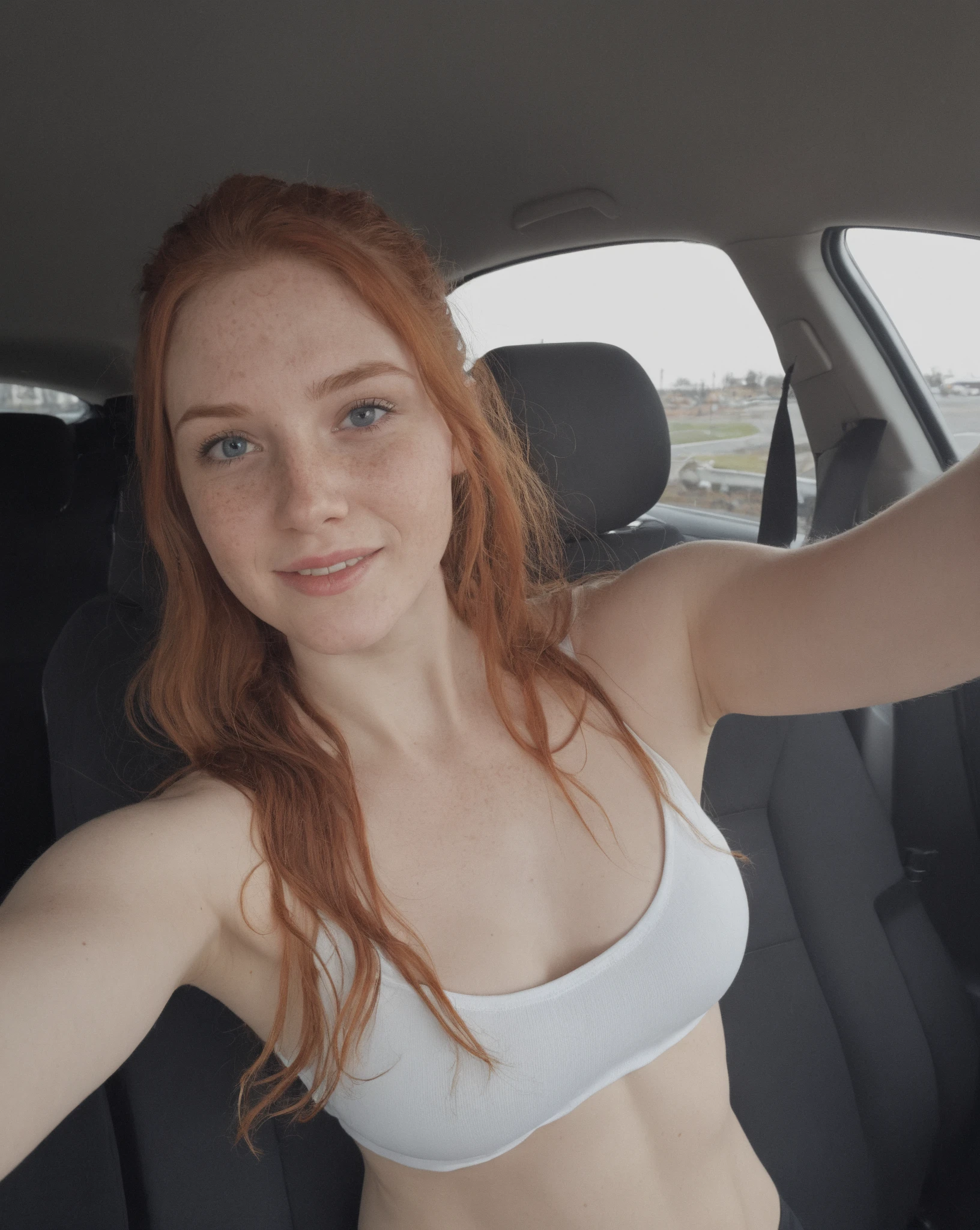 ))), 25-year-old Caucasian French girl with shoulder-length messy red hair, Captured in the best quality, this illustration serves as a 4K wallpaper,sitting in a BMW