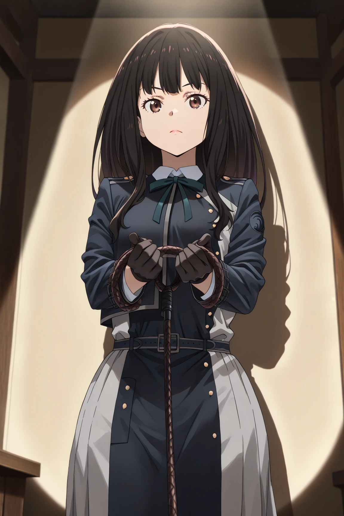 masterpiece, best quality, girl,(((ojousama))), ((blush)),hat,black hair, blue eyes,blue dress,((lolita_fashion)),((white pantyhose)),((((mary_janes)))), ((arms_behind_back)),((legs together)), (((bondage))), (((shibari))),(((gag))),