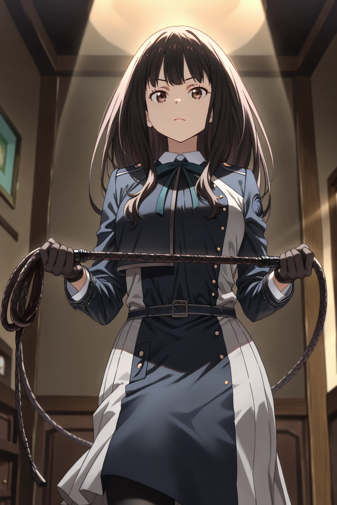 masterpiece,best quality,highly detailed,1girl,solo,clenched teeth,serious,concentrating,v-shaped eyebrows,wince,sweat,sweatdrop,blush,
<lora:takina_inoue_v1:0.75>,takina inoue,purple eyes,black hair,long hair,lycoris uniform,green ribbon,long sleeves,two-tone dress,pleated dress,collared shirt,kneehighs,
BREAK
<lora:shibariPillar:0.5>,shibari,bdsm,(((shibari over clothes,rope,bound,restrained,against pillar))),pillar,<lora:LCM_LoRA_Weights_SD15:1>,