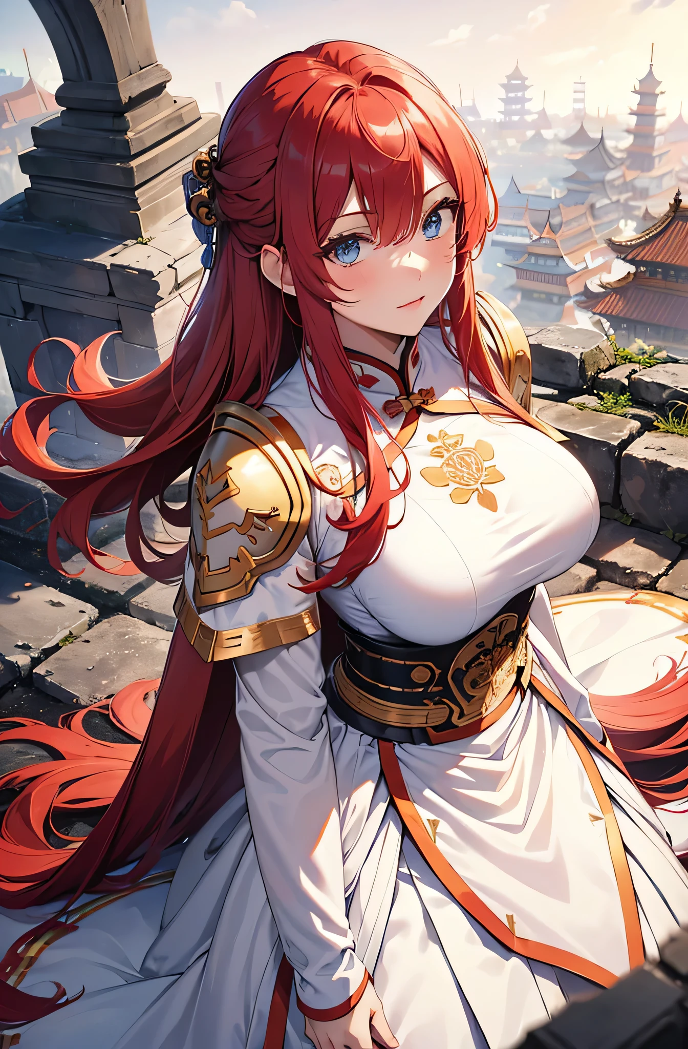 4K,High resolution,One Woman,Red Hair,long hair,Braid,Blue Eyes,Big Breasts,Ancient Chinese Generals,Ancient Chinese White Armor,Heavy Armor,Full Armor,Sideboob,ancient chinese crown,Long sword,Ancient Chinese Villages