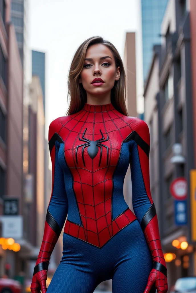 Award-winning photo by slim Aaons of Beautiful Instagram model, large tits, dressed in Spider-girl fashion, sharp, magic realism