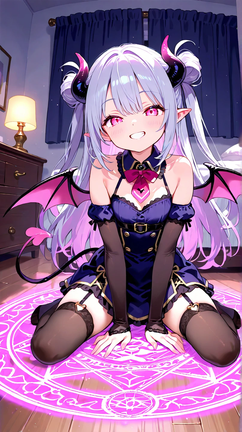 white bed、Old castle room、chandelier 、masterpiece,  best quality, light particles, ultra detailed, perfect ???????, anime style, 8K, (girl), medium breasts, young girl, various poses、long gray hair, Messy high ponytail, pink eyes, bat wings, black dress,  (nipple, navel), (lift up) ,smile、embarrassing、((orgasm face)), (girl look to the side:1.3), blush cheeks, (vaginal penis:1.2), (man:1.4), hetero, (lying:1.6), (girl spread legs:1.4), (Sex:1.7), (cum out:1.2), nsfw, mountain,white bed、Old castle room、chandelier, shadow, pov,
