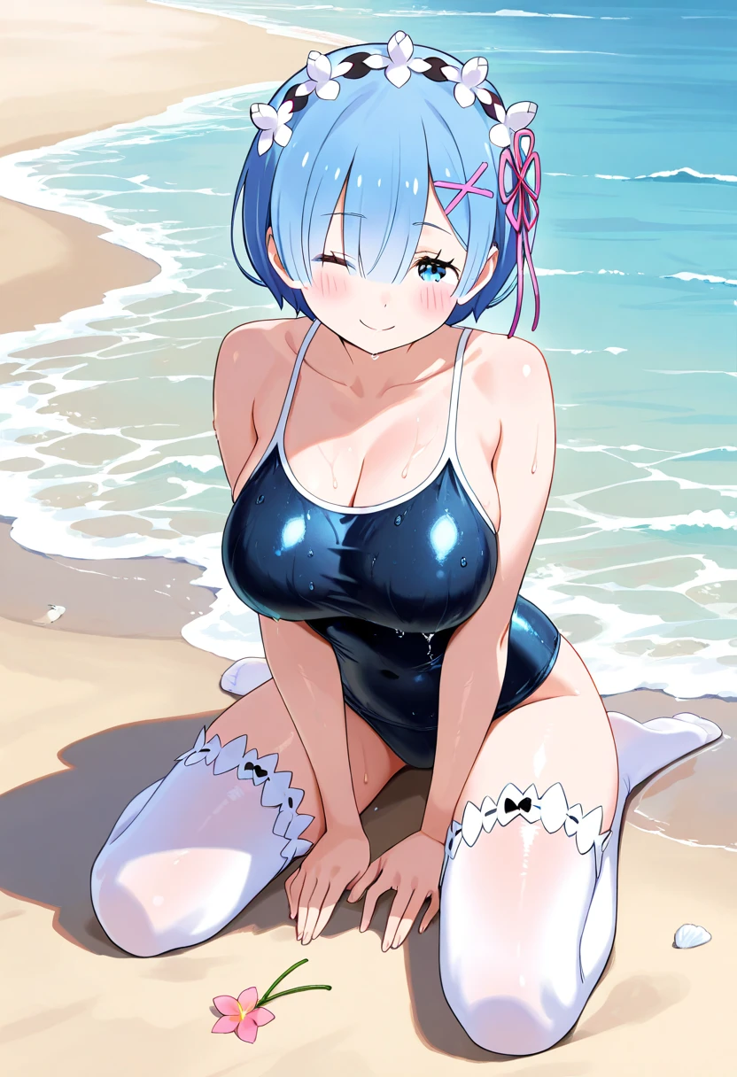 masterpiece, best quality, ultra detailed, Rem、Re:zero、short hair、blue eyes、smile、white background、A very surprised face、cute、blue hair、bright background、Surprise version、flashy、riding in a convertible、Cat ear、Big,belly button,flashy、cleavage、sandpit, 