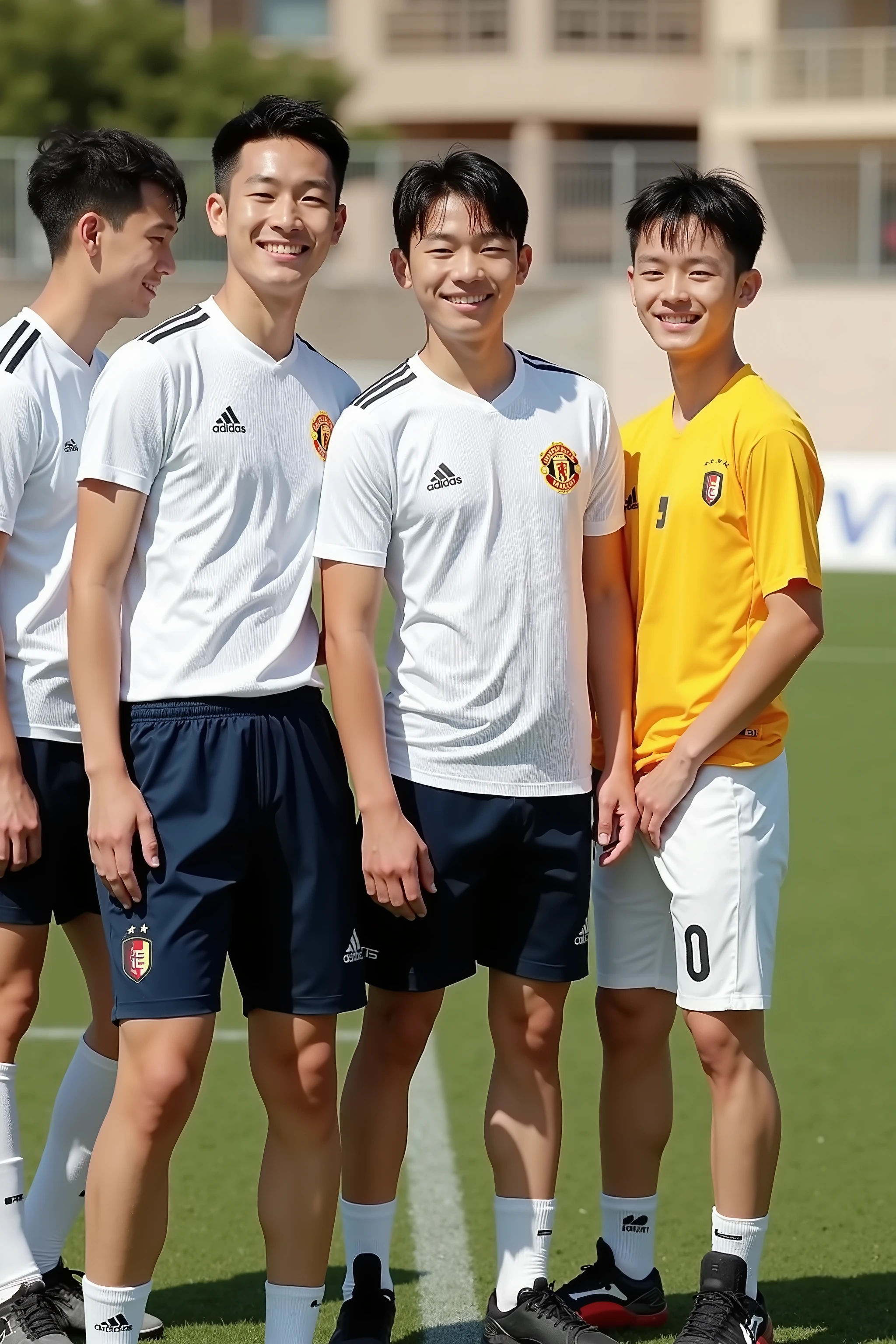 young, boy,all nationality are japanese, soccer player, handsome japanese boys, standing on the soccercourt, boy group, 4 people, a sunny and handsome boy,about 22 years old, short hair,Full body photo composition,solid color background,8k, HD, soccer uniform, AC milan, manchester united, Soccer court, , thick muscular thighs, very cutting edge atmosphere, talking, messy hair, short hair, see veins on arms, Interlock Running Shorts, This is made to give better looking and more diverse men. under wear is もっこり、 ultra big dicks, different faces, but all boys have growing bulge, tanned skin