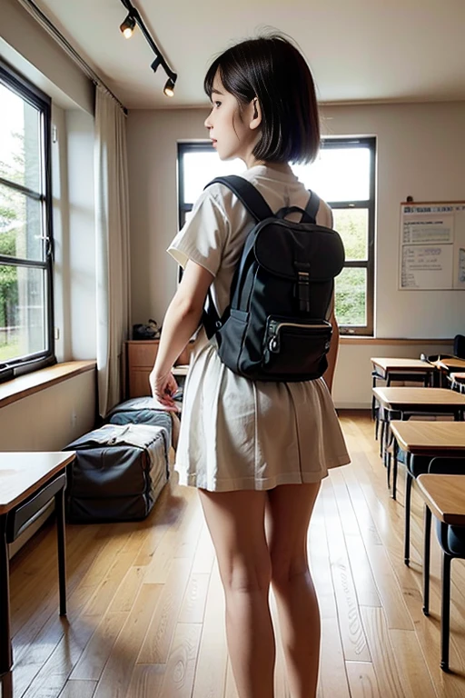 15 years old, Shortcuts, Cute Face, Japanese, High school girls, 3 people, Light blue underwear, whole body, Back view, classroom