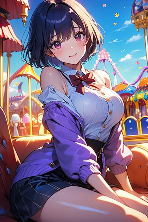 (masterpiece, Best Quality, ultra-detailed, high resolution, extremely detailed CG, official art, Professional Lighting, Perfect Anatomy, anime colors), (from below), looking at viewer, cowboy shot, perfect body, 24yo beautiful 1girl, medium hips, glamorous body,a small face,beautiful-makeup,Makeup light,Shortcut Hair,dark brown hair、Bust b Cup, Amazing Cleavage, thin waist, big ass, Raised sexy, big breast: 1.2 posed cleavage:1.2, (off shoulders,Sportsbra,legginullnude), micro denim shorts, bare legs, nail_polish, pale skin, Waiting friend, (morning:1.5), tokyo, (convenience store:1.3), outdoor, (depth of field:1.3), contrapposto, (Hold a coffee in your hand:1.3),delicate beautiful face, Bright magenta eyes, cute eyes, sparkling eyes, Big eyes, (big breasts:1.3), (perky chest:1.1), (pointed chest:1.3), looking at viewer,