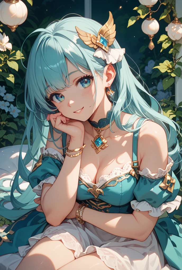 masutepiece, High resolution, 8K, anime woman, Delicate and detailed writing 、Detailed digital illustration、absurdly long hair、(((Ponytail)))、Shiny hair、a very beautiful woman、Eyes are double, Large,Little hanging eyes、 Bust E Cup、High image quality, High quality、Detailed background、、The inside of the eye shines like a diamond、(((Dark green hair)))、Gradient pupil、(((2 arms、4 fingers, 1 thumb)))、Detailed female face、a very beautiful woman、、细致背景、masterpiece、Soft Focus , Bright gradient watercolor , Lens Flare , (((Glitter))) , Glow , Dreamy ,a miniskirt、Idol、Light Green Ribbon、Very beautiful light green rose hair accessories、Light green and gold costume with white as the main color、((Macroface))、(Cool Girl).Tall lady、Dignified.((No bangs))、((Eyes with blue gradient glow))、Full smile、(((Face Close-up)、(((Cinderella、Glass shoes)))、