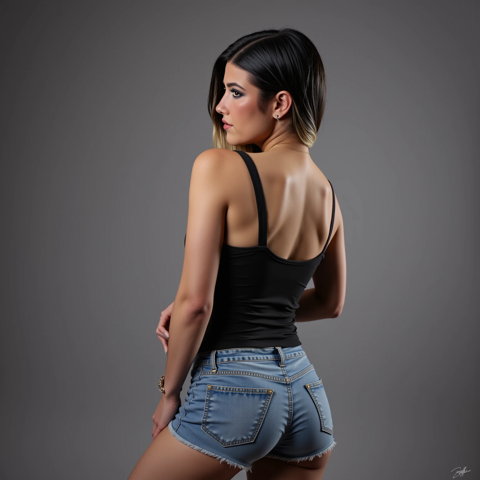 18 year old women ; long black hair ; black eyes; slim body; slighlty large breasts; slightly medium sized ass; girl is wearing a drawstring black color top that is half sleeve along with skin tight blue jeans; front view of girl standing; girl's top is a drawstring black coloured shirt along with bottom being skin tight blue jeans