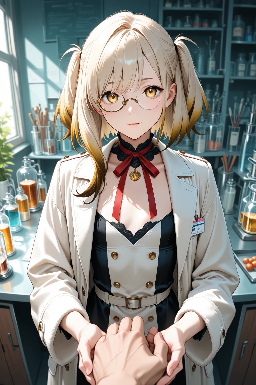 Mature female bartender in an elegant suit behind the bar, Serve drinks, Neutral expression, alcohol BOTTLE, Whisky Future Fantasy Anime