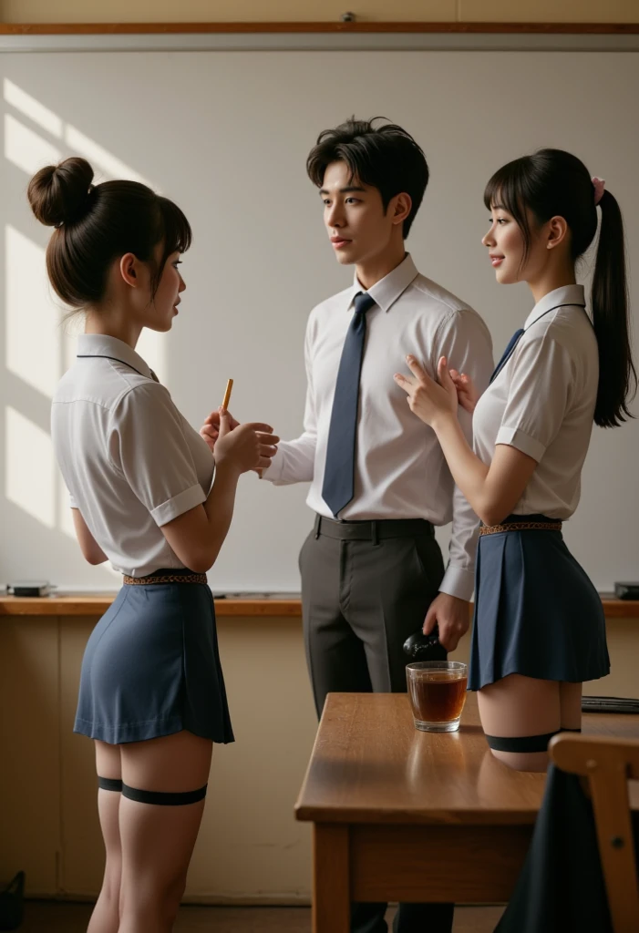 top-quality, 8K picture quality, masterpiece, A hyper-realistic, (Two women kiss:1.2), Perfect body and firm big breasts, Bright whitening skin, Tight white blouse with crimson ribbon tie, Micro mini pleated tartan check skirt, (the skirt is incredibly short), (If you look at them standing from behind, you can see their beautiful butts.:1.2), (From the knee up, strong lights, thin-waist)
