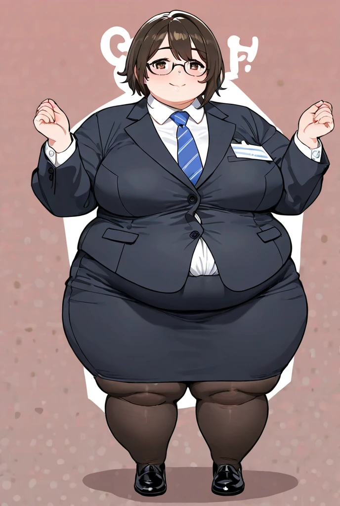 cute big belly Anime girl in business suit stuck in tight elevator, tight squeeze